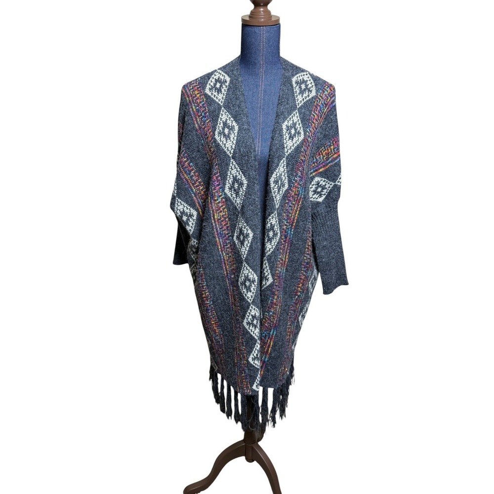 Dreamers Southwestern Cardigan Aztec Size Medium Gray Tribal Open Front Fringe